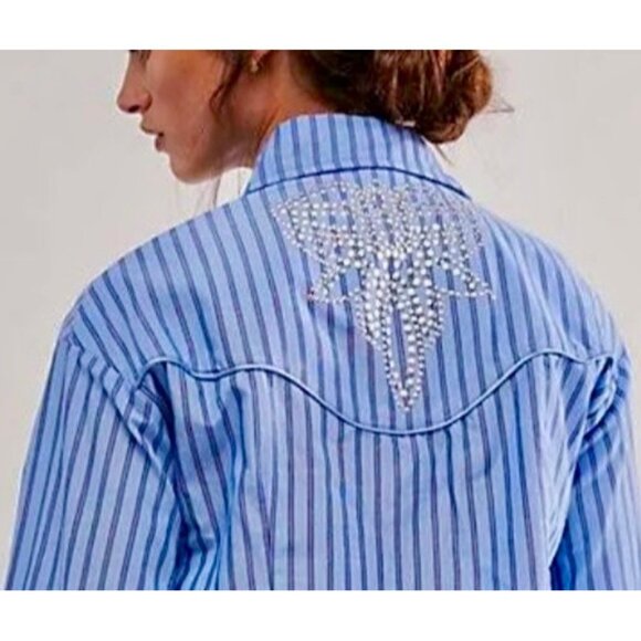 Free People X Understated Leather Western Embellished Button Down Shirt XS Blue - Picture 5 of 5